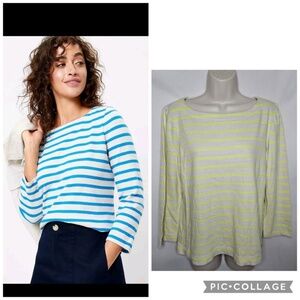 Womens LOFT Striped Boatneck Tee Beige Neon Yellow Cotton Long Sleeve Size M